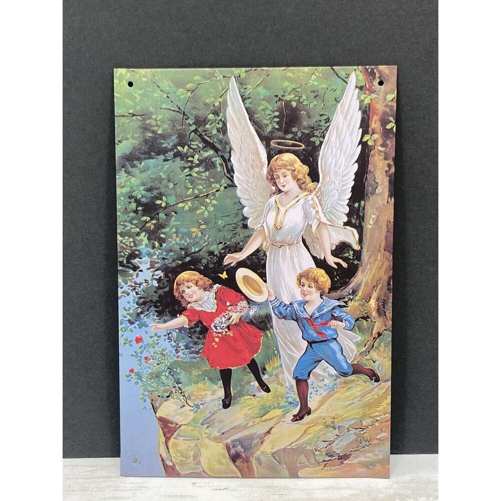 Vintage Childrens Guardian Angel Hanging Retro Art Tin Sign 9x6"